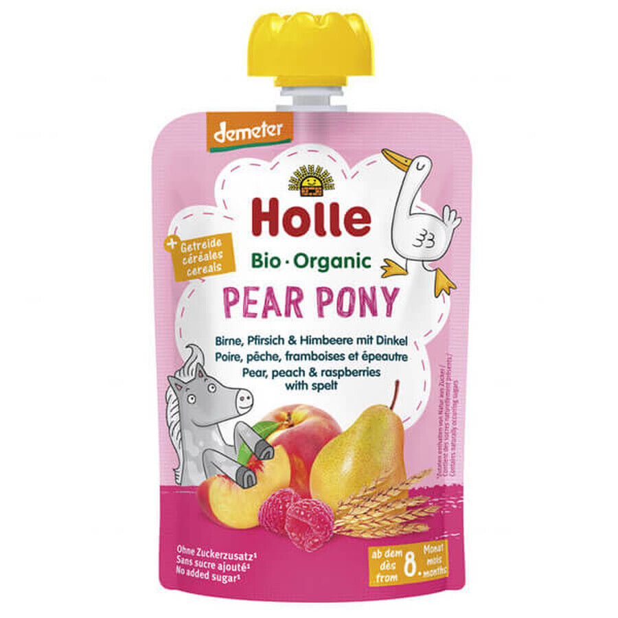 Holle, Mousse de fruits en tube, Pony de poire, poire, pêche et framboise, après 8 mois, 100 g