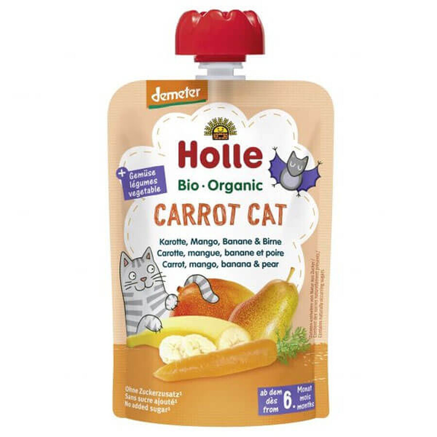 Holle, Mousse de fructe într-un tub, Carrot Cat, morcov, mango, banană și pară, după 6 luni, 100 g