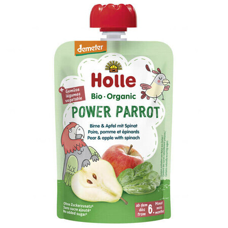 Holle, Mousse de fruits et légumes en tube, Power Parrot, poire, pomme, épinards, dès 6 mois, 100 g