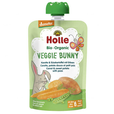 Holle Bio Veggie Bunny, mousse végétale en tube, carotte, patate douce, petits pois, après 6 mois, 100 g