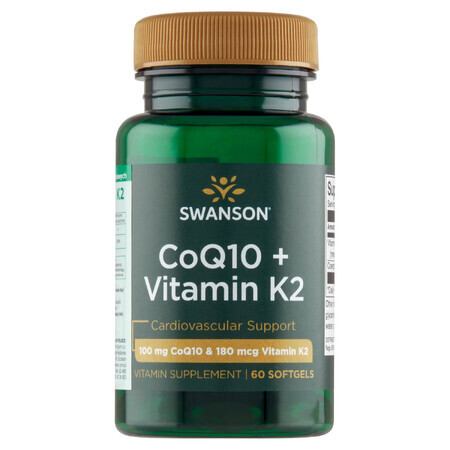 Swanson CoQ10 + Vitamin K2, coenzyme Q10 100 mg and vitamin K 180 µg, 60 gel capsules