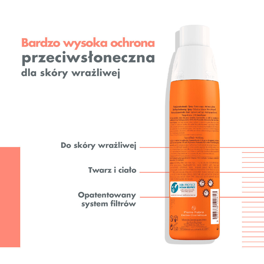 Avene Sun, spray de protecție pentru corp, piele sensibilă, SPF 50+, 200 ml