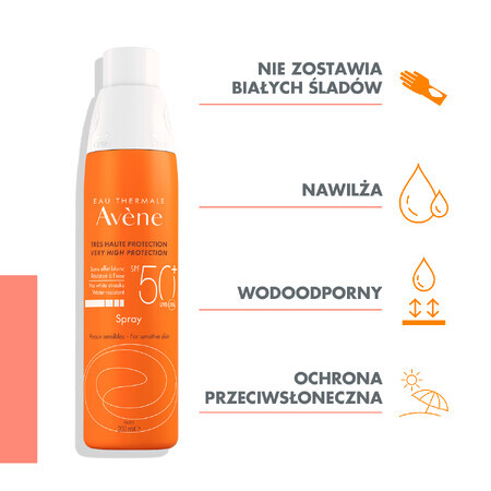 Avene Sun, spray de protecție pentru corp, piele sensibilă, SPF 50+, 200 ml