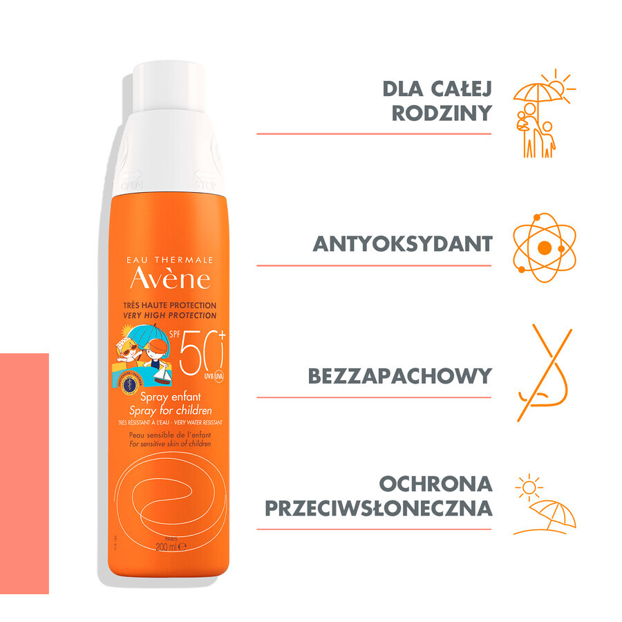 Avène Sun, Spray protecteur visage et corps résistant à l'eau pour enfants, peau sensible, SPF 50+, 200 ml