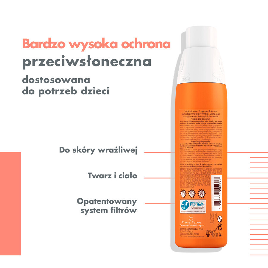 Avène Sun, Spray protecteur visage et corps résistant à l'eau pour enfants, peau sensible, SPF 50+, 200 ml