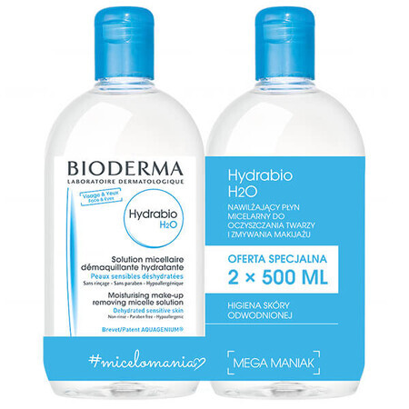 Bioderma Hydrabio H2O, fluido micelar hidratante para desmaquillar, piel deshidratada, 2 x 500 ml