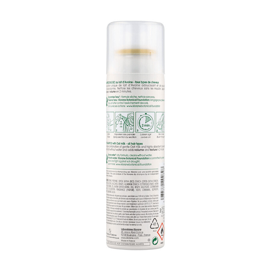 Klorane, shampoo secco ultra delicato al latte d'avena per tutti i tipi di capelli, 150 ml