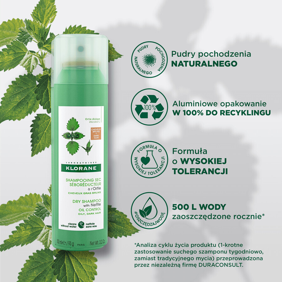 Klorane, shampoo secco all'ortica per capelli scuri e grassi, 150 ml