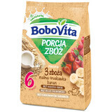 BoboVita Porcja Zbóż porridge 3 céréales, framboise, fraise, banane, lait, sans sucre ajouté, après 6 mois, 210 g