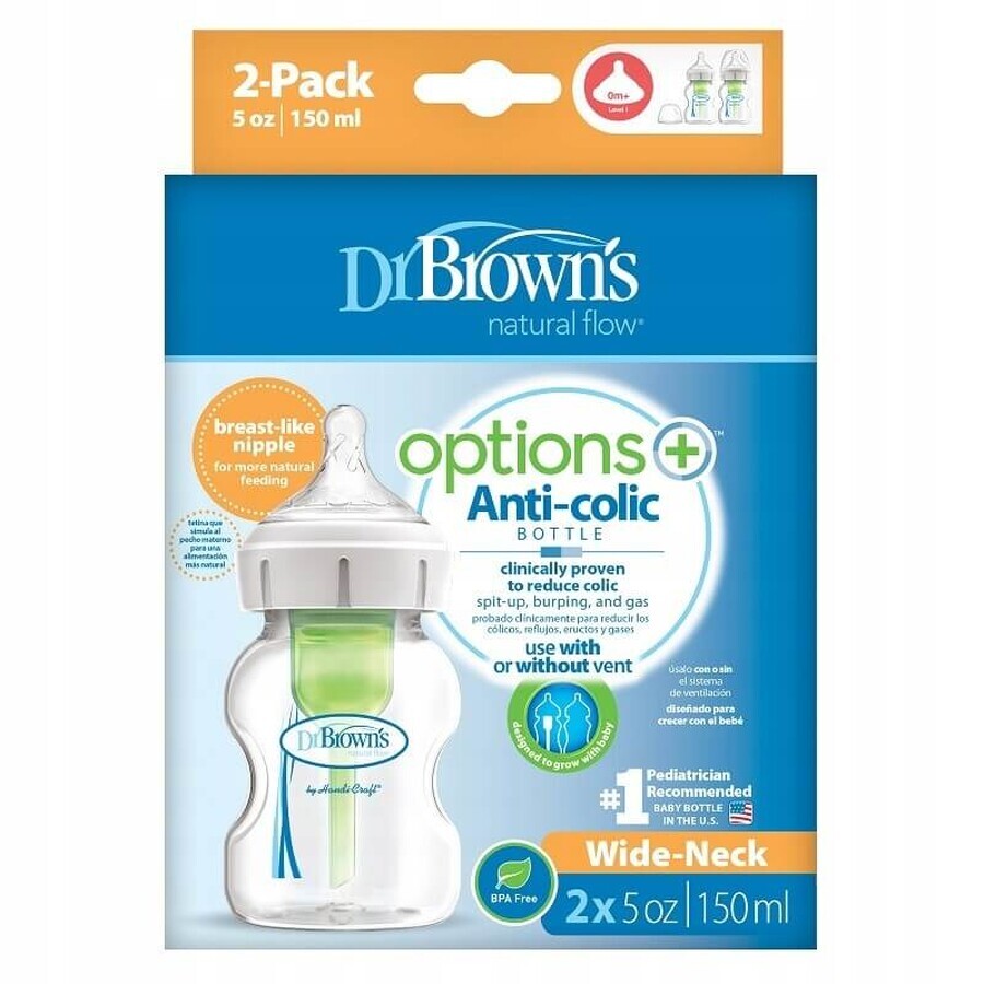 Dr Browns Options+, biberon anti-colique, à col large, avec tétine, 2 x 150 ml