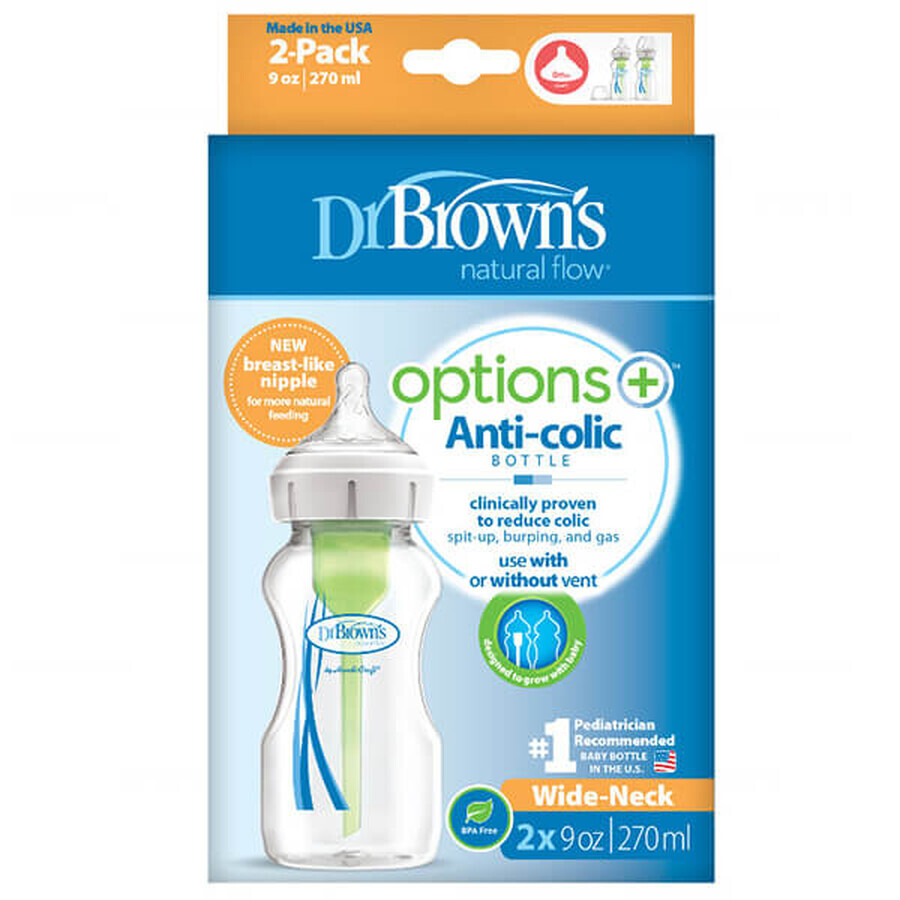 Dr. Brown's Options+, Anti-Kolik-Flasche, weithalsig, mit Sauger, 2 x 270 ml