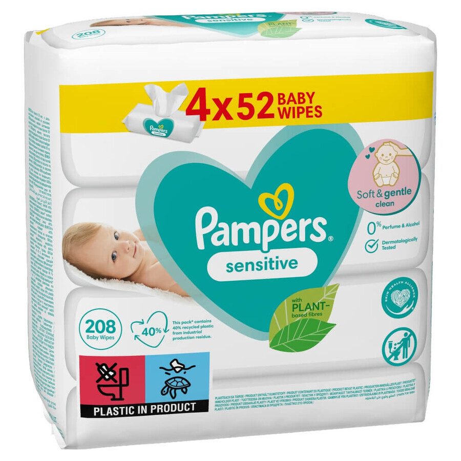 Pampers Sensitive, toallitas húmedas, 4 x 52 piezas