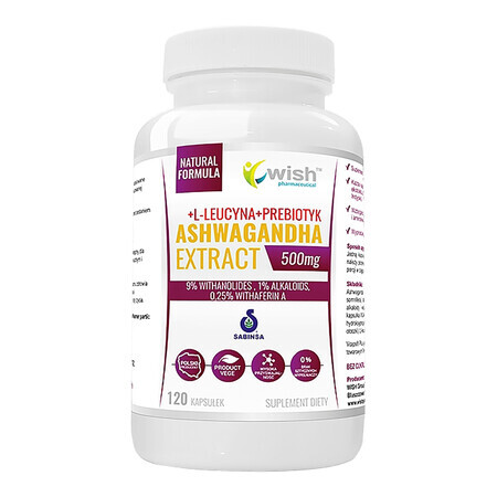 Wish Ashwagandha Extract, ashwagandha 500 mg + L-leucine + prébiotique, 120 gélules