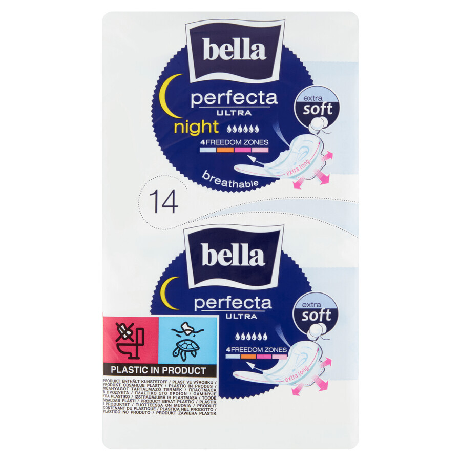 Bella Perfecta Ultra, serviettes hygiéniques extra douces avec ailettes, extra longues, Nuit, 14 pcs