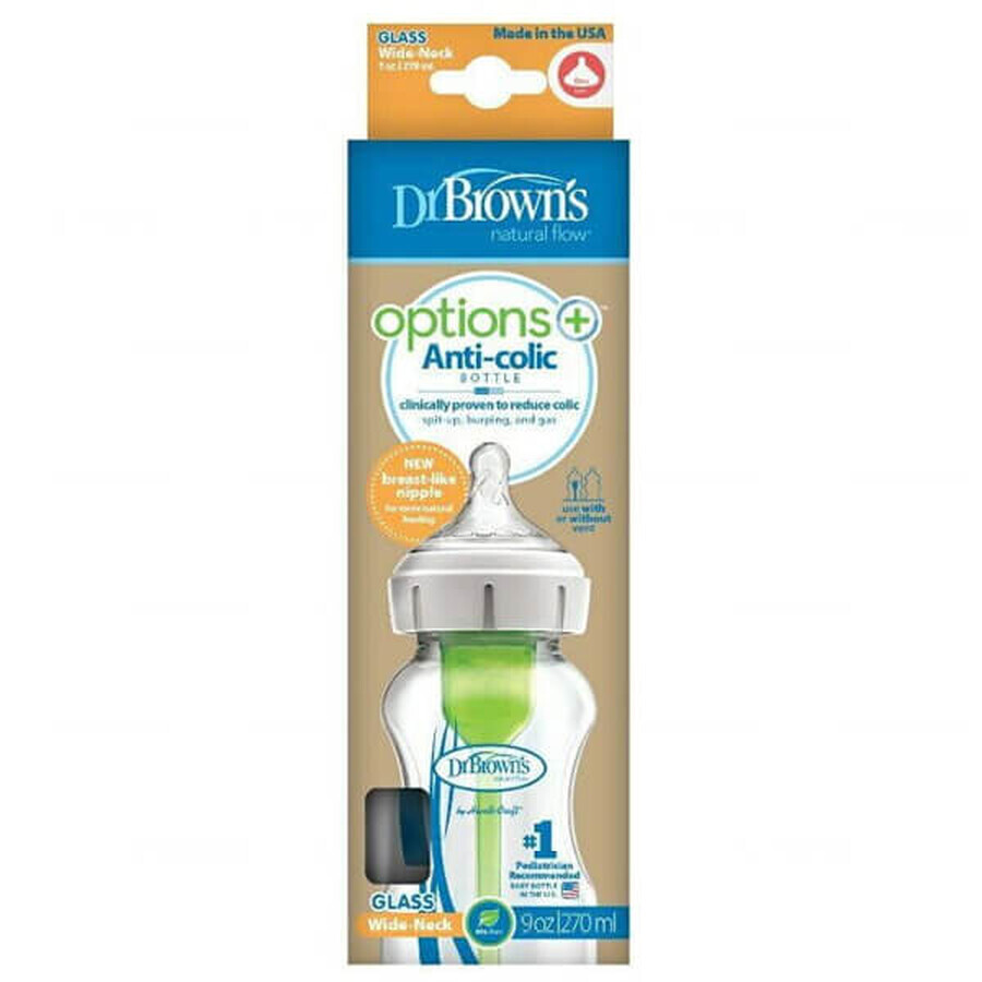 Dr Brown's Options+, biberon anti-colique, verre, col large, avec tétine, niveau 1, 0-3 mois, 270 ml