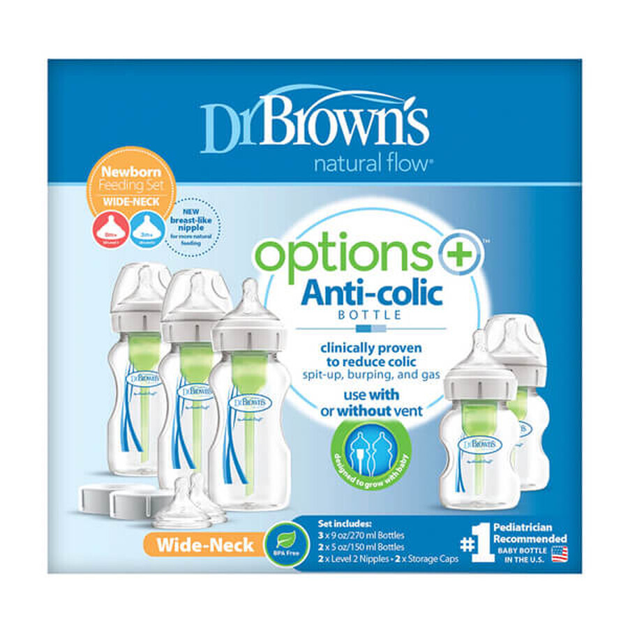 Dr. Brown's Options+, starterset large, anti-colic flessen standaard, wijde hals, 3 x 270 ml + 2 x 150 ml