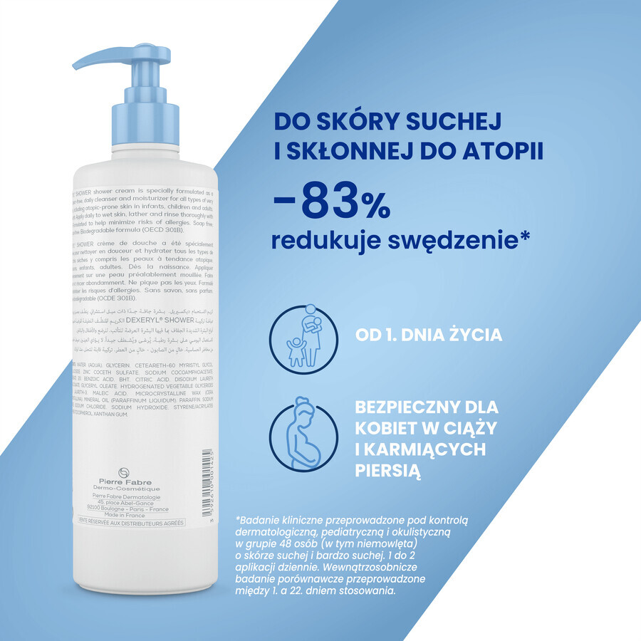 Dexeryl, Douche, crème nettoyante pour bébés, enfants et adultes, peaux très sèches et atopiques, 500 ml