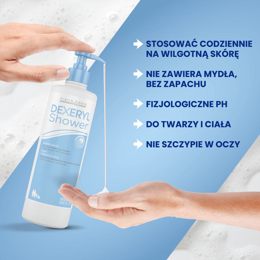 Dexeryl, Douche, crème nettoyante pour bébés, enfants et adultes, peaux très sèches et atopiques, 500 ml