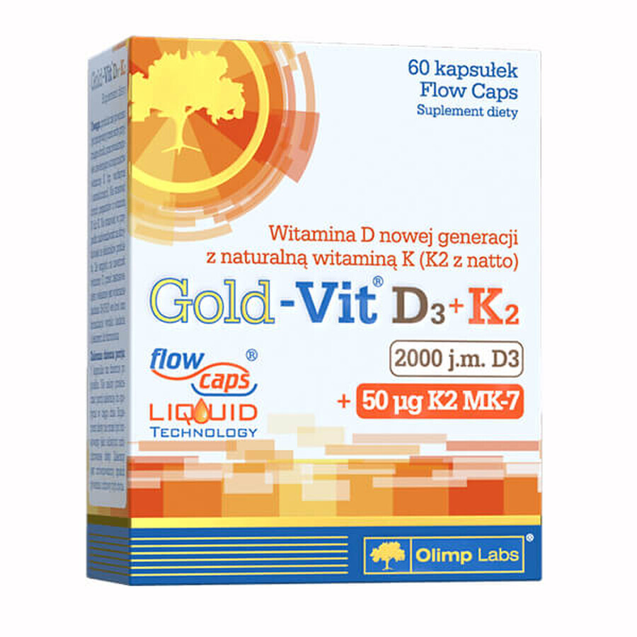 Olimp Gold-Vit D3 + K2, vitamine D 2000 UI + vitamine K 50 µg, 60 gélules