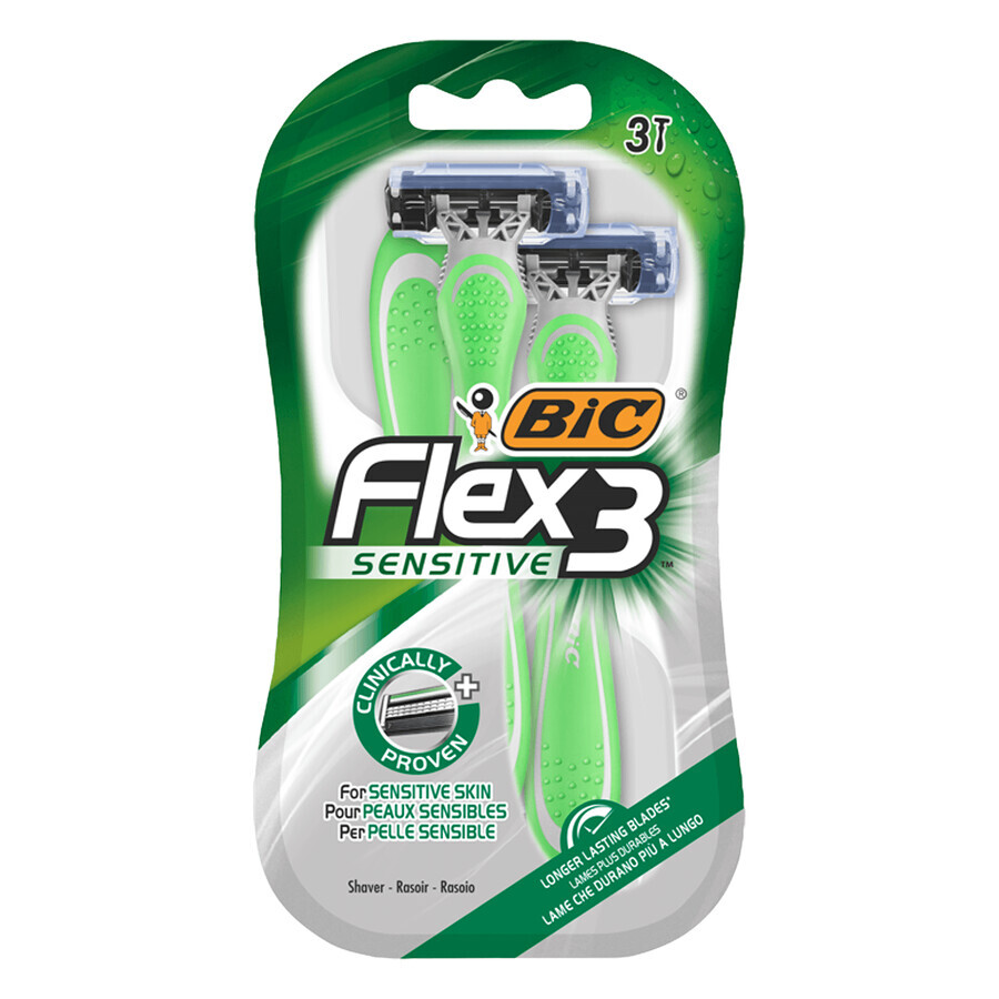 BIC Flex 3 Sensitive, rasoir pour hommes, trois lames, 3 pièces