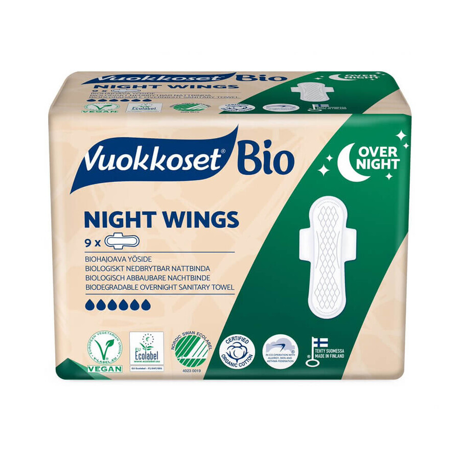 Vuokkoset, toallas sanitarias de algodón orgánico para la noche, 100% Orgánicas, Alas Normales, 9 piezas