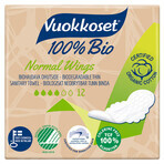 Vuokkoset, serviettes hygiéniques en coton biologique, 100% Bio, Ailes normales, 12 pièces