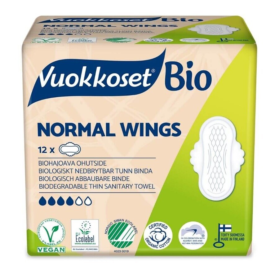 Vuokkoset, serviettes hygiéniques en coton biologique, 100% Bio, Ailes normales, 12 pièces