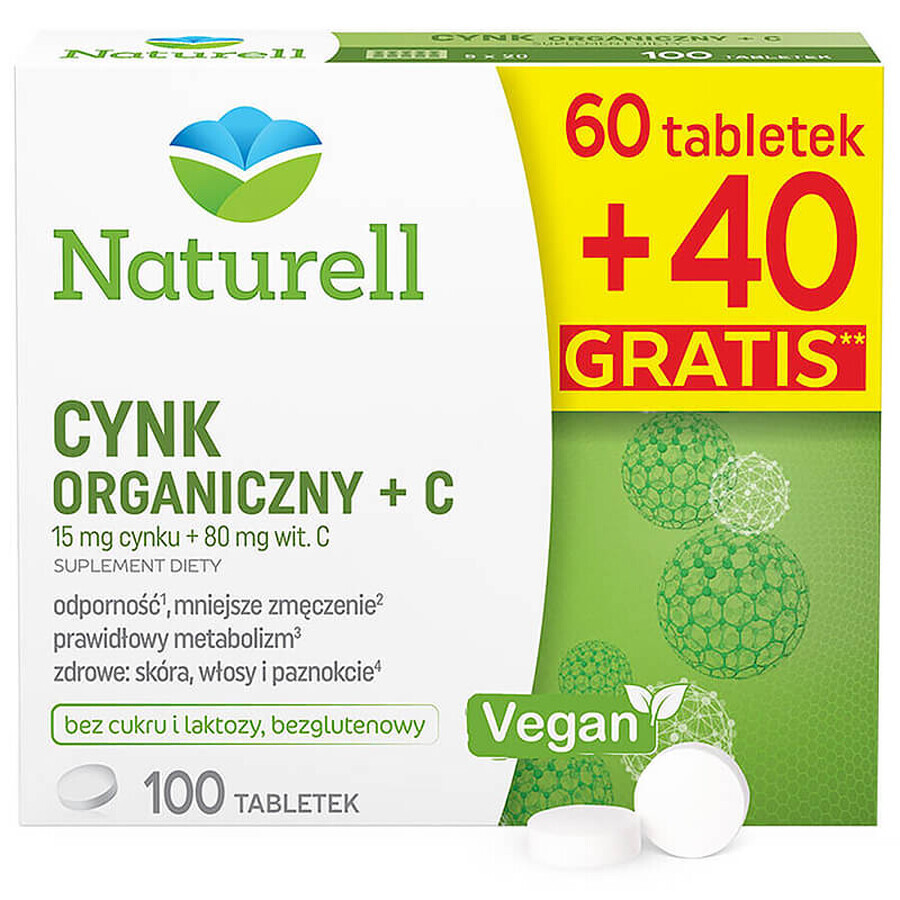 Naturell Organic Zinc + C, 60 comprimés + 40 comprimés gratuits