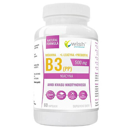 Wish Vitamina B3 (PP) Niacina 500 mg + Prebiotico + L-Leucina Vege, 60 capsule