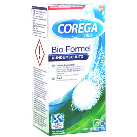 Corega Tabs Bio Formula, comprimés pour le nettoyage des prothèses dentaires, 136 comprimés