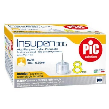 Pic Solution Insupen, aiguilles pour stylo à insuline, 30G (0.30 mm) x 8 mm, 100 pièces