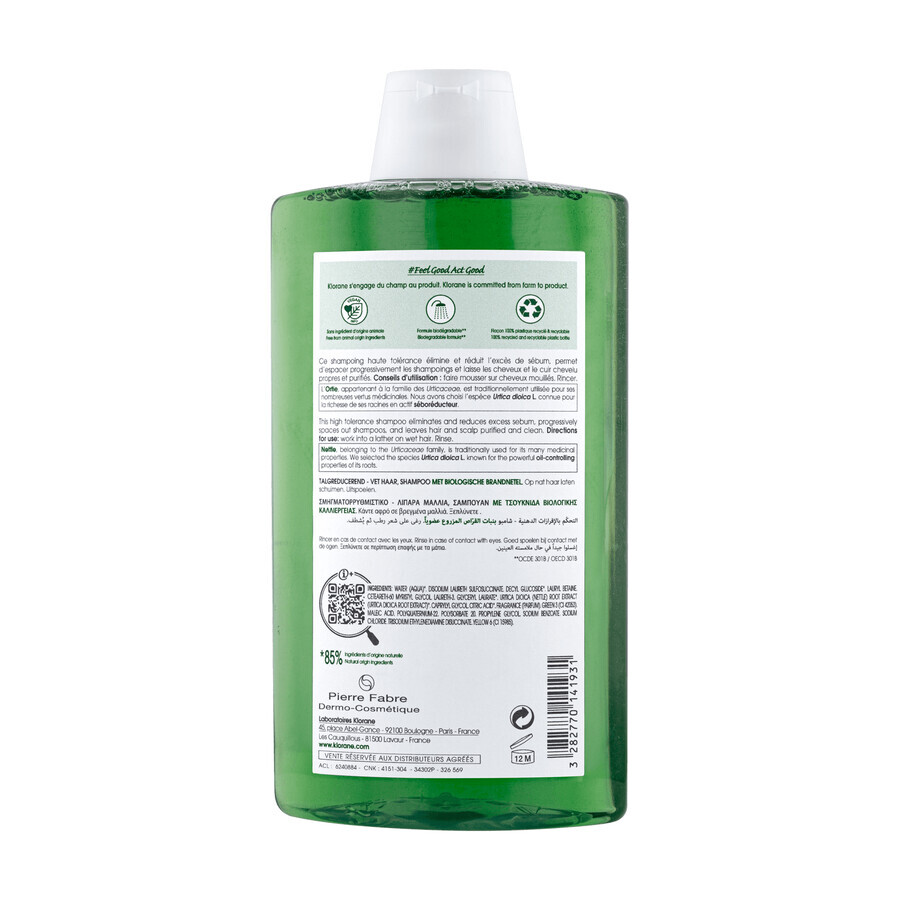 Klorane, shampooing à base d'extrait d'ortie pour cheveux gras, 400 ml