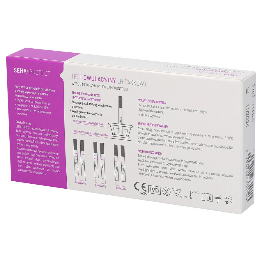 SEMA Protect, test d'ovulation LH en bandelette, sensible 25 mIU/ml, 5 unités