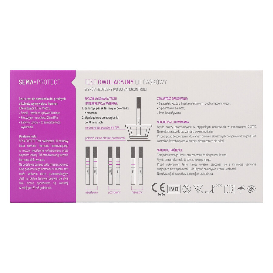 SEMA Protect, test d'ovulation LH en bandelette, sensible 25 mIU/ml, 5 unités