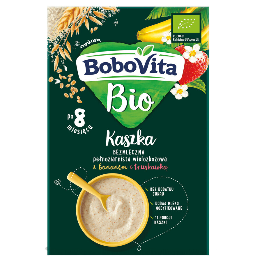 BoboVita Bio Porridge multigrains avec banane et fraise, sans produits laitiers, sans sucre ajouté, après 8 mois, 200 g