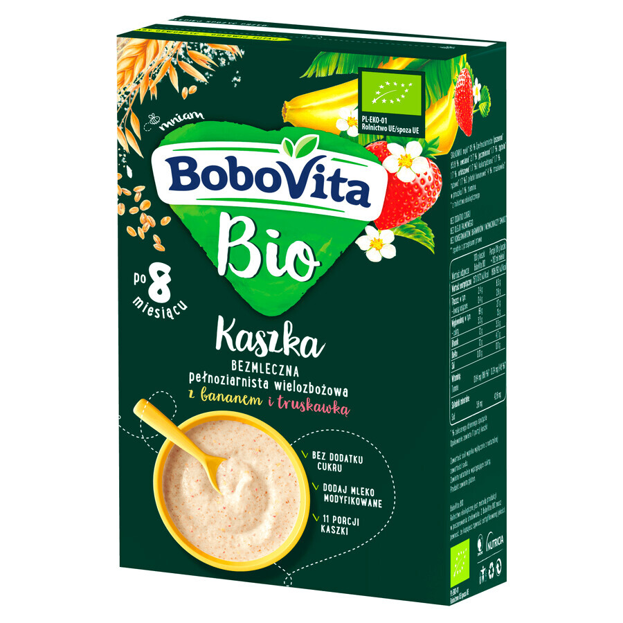 BoboVita Bio Porridge multigrains avec banane et fraise, sans produits laitiers, sans sucre ajouté, après 8 mois, 200 g