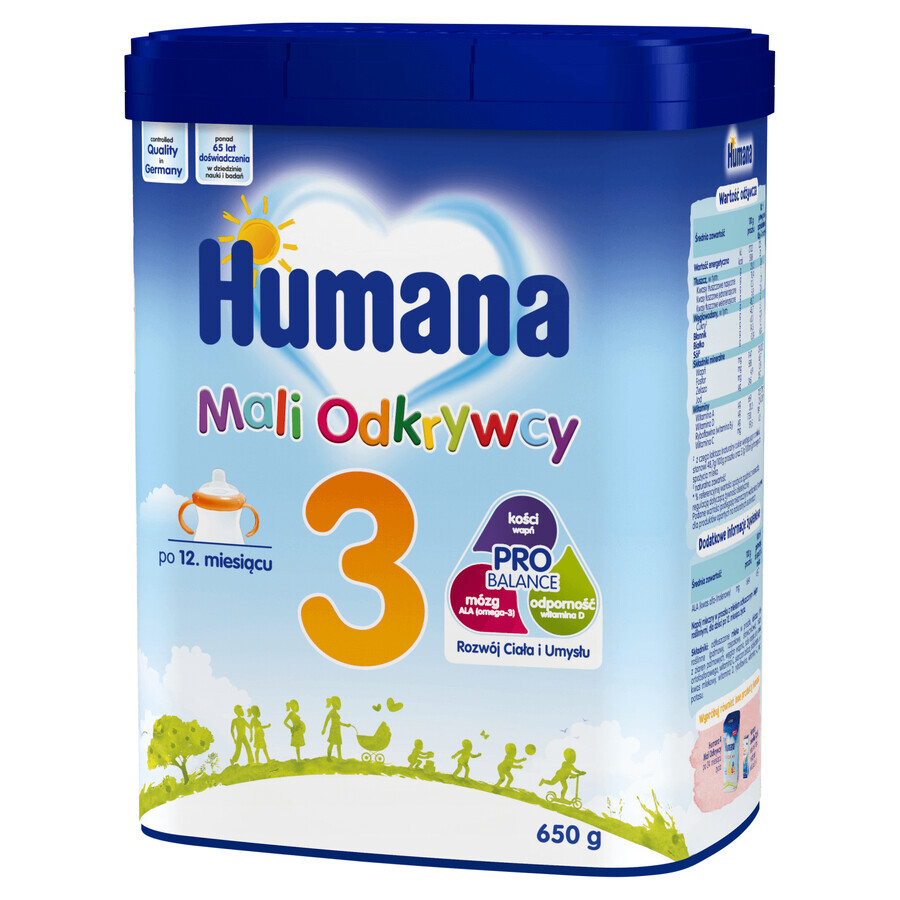 Humana 3 Little Explorers, boisson lactée en poudre avec du lait écrémé et des huiles végétales, après 12 mois, 650 g