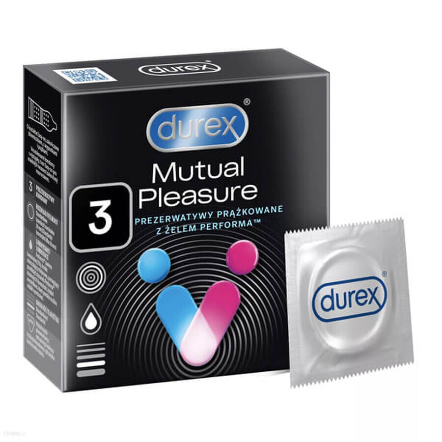 Durex Mutual Pleasure, Kondome mit Gleitmittel für den Geschlechtsverkehr, gerippt mit Paspel, 3 Stück