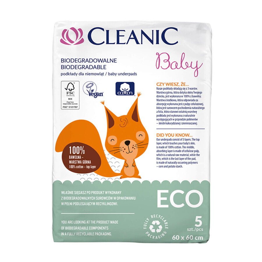 Cleanic Baby Eco, coussinets biodégradables pour bébés, 60 cm x 60 cm, 5 pièces