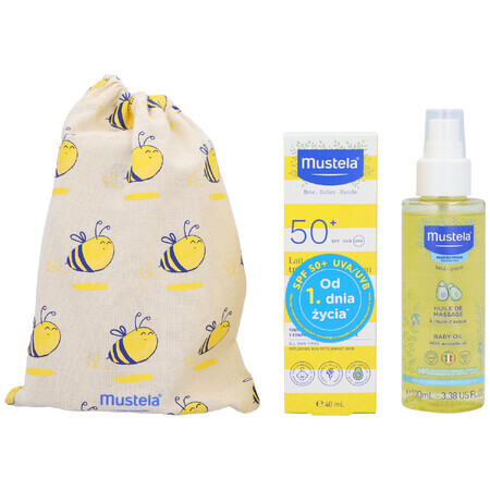 Mustela Sun set, Baby on the go - peau sèche, lait solaire, SPF 50, 40 ml + huile de massage, 100 ml