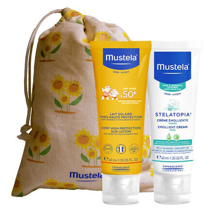 Mustela Sun Set, Baby on the go - piel con tendencia atópica, loción de protección solar, SPF 50, 40 ml + Stelatopia, crema facial, 40 ml