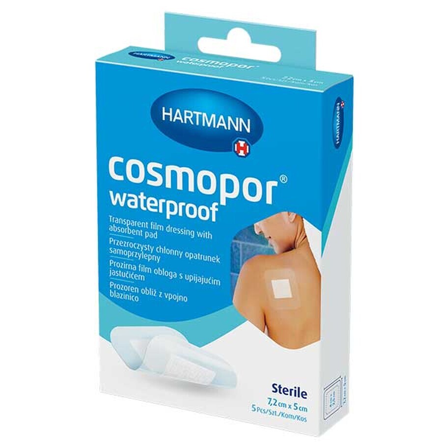 Cosmopor Waterproof, pansement absorbant, autocollant, imperméable, stérile, transparent, 7,2 cm x 5 cm, 5 pcs.