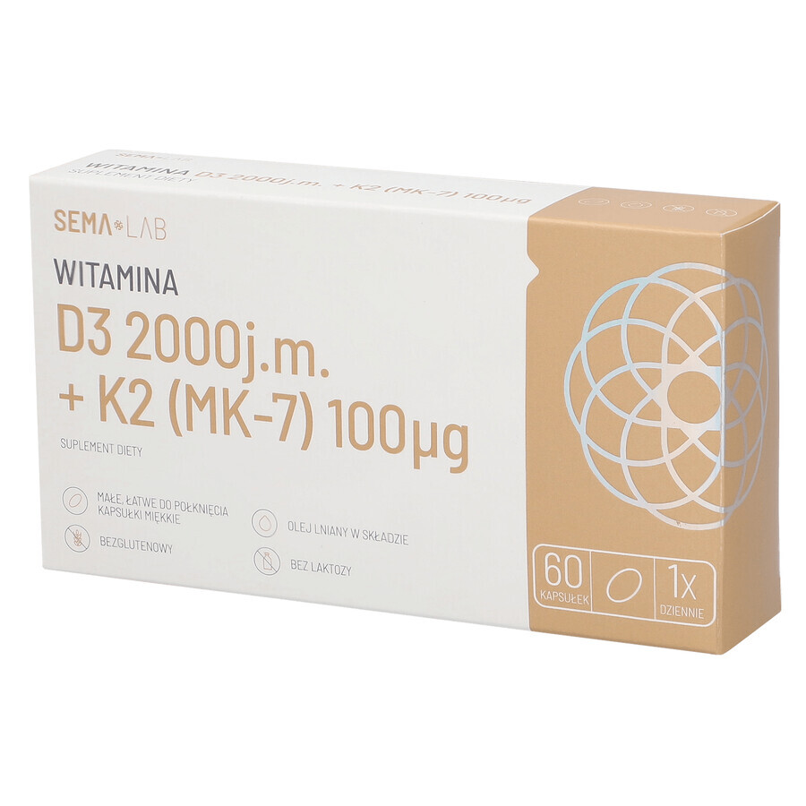 SEMA Lab Vitamine D3 2000 UI + K2 (MK-7) 100 µg, 60 capsules molles