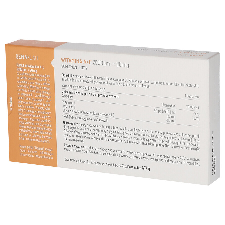 SEMA Lab Vitamine A+E 2500 IU + 20 mg, 30 capsules molles