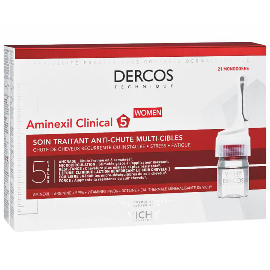 Vichy Dercos Aminexil Clinical 5, traitement de la chute des cheveux pour les femmes, 6 ml x 21 ampoules