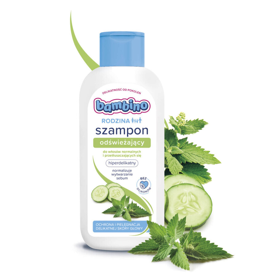 Bambino Family, șampon răcoritor pentru păr normal și gras, hiper-delicat, de la 3 ani, 400 ml