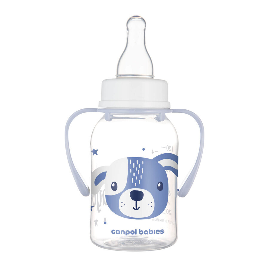 Canpol Babies, biberon fin avec poignée, animaux mignons, 11/823, bleu, à partir de 3 mois, 120 ml