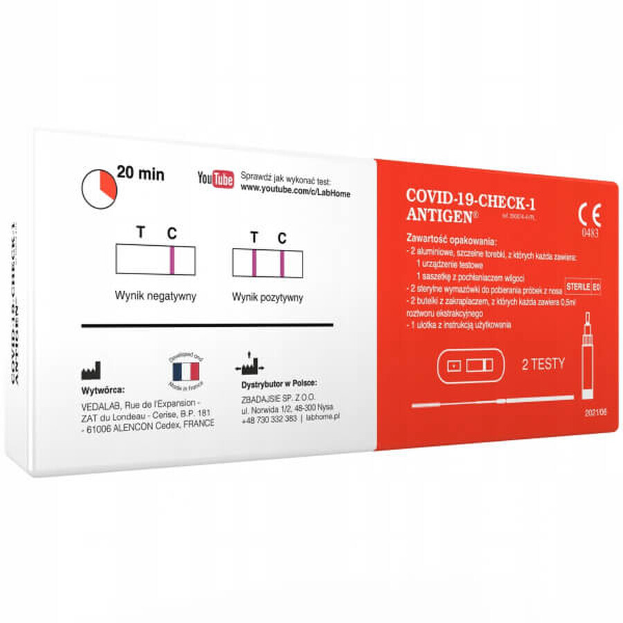 LabHome, COVID-19-Check-1 Antigen, test de diagnostic pour la détection du virus SARS-CoV-2, 2 unités