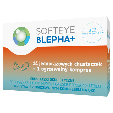 Softeye Belpha +, lingettes ophtalmiques, 14 pièces + compresse oculaire chauffante, 1 pièce