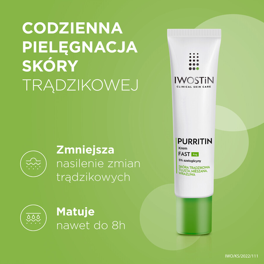 Iwostin Purritin, Fast Azg 5% azeloglycine crème, peaux acnéiques, grasses, mixtes et sensibles, 40 ml